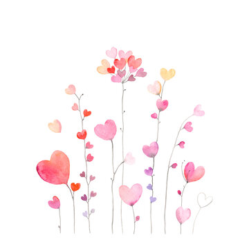 Card for Valentine's day or birthday with flowers of colorful hearts. Watercolor holiday illustration on white background.