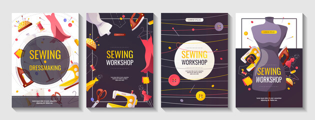 Set of A4 banners for sewing workshop or courses, fashion design, dressmaking, tailoring. Sewing machine, mannequin, iron. Patterns and sketches, pincushion, threads, scissors. Vector illustration.