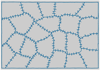 Pieces of gray fabric sewn with blue threads as a background, texture, pattern. Staircase on barbed wire.