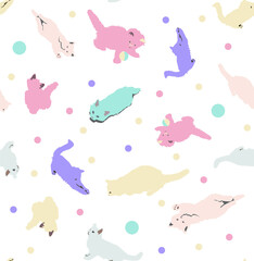Beautiful pattern with playing cats. Multicolors cats with balls on blue background