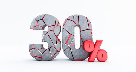 3D render of  broken thirty percent (30%)  isolated on white background, 30 thirty percent sale. Black friday idea. up to 30%.