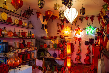 Traditional handmade Moroccan lamps in the gift shop.