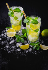 Refreshing summer alcoholic cocktail mojito with ice, fresh mint and lime. Copy Space.