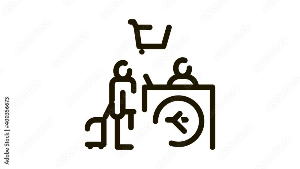 Poster man with suitcase at checkout duty free icon animation. black man with suitcase at checkout duty fre