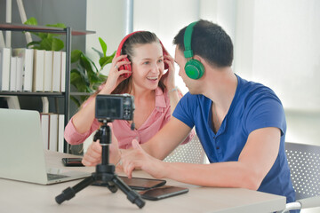 Man women are live streaming on broadcast online internet connection technology