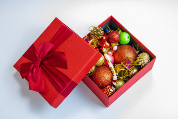 Happy birthday gift box and ornaments, Red box and ornaments, New year box, Happy new year!