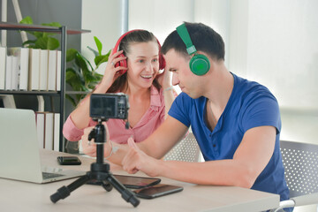 Man women are live streaming on broadcast online internet connection technology