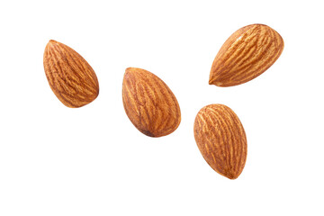 almond raw piece fly almond full macro shoot nuts healthy food ingredient on white isolated .Clipping path