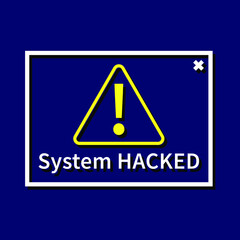 Hacked system, yellow triangle with exclamation mark on blue background, for design, vector illustration