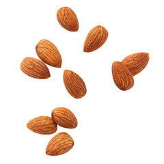 almond raw piece fly almond full macro shoot nuts healthy food ingredient on white isolated .Clipping path