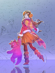 Original christmas hand drawn illustration of a beautiful young girl skating on a rink with a cute plush toy