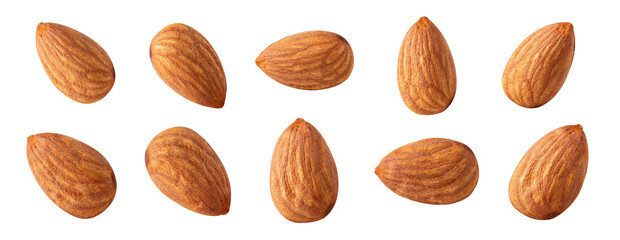 almond raw piece collection set.almond full macro shoot nuts healthy food ingredient on white isolated .Clipping path Suitable for package