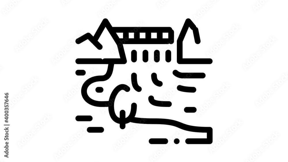 Sticker boat in river landscape Icon Animation. black boat in river landscape animated icon on white background