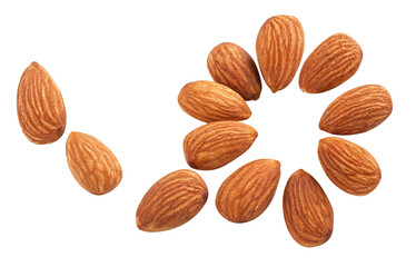 almond raw .fly almond full macro shoot nuts healthy food ingredient on white isolated .Clipping path