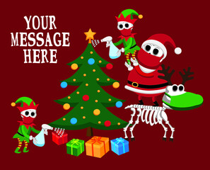 christmas tree with skeleton santa claus, elves and reindeer wearing face masks