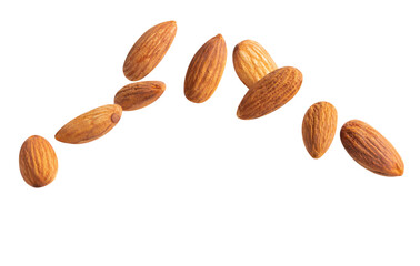 raw fly Almond  healthiest  with copyspace almonds nut isolated healthy food on white background.of the best brain foods.