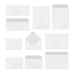 Envelopes white open and closed realistic templates set. Postal supplies.