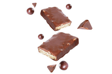 broken chocolate cacao milk piece bar on air  white isolated