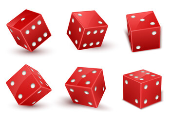 Red dice with number of dots from one to six at the top realistic set. Cubes, throwable games objects.
