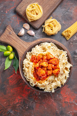 top view chicken with dough pasta dish on dark floor pasta dough dish dark