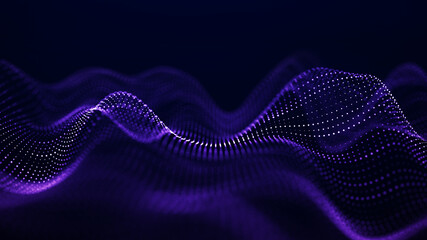 Abstract wave with moving dots. Flow of particles. Cyber technology illustration. 3d rendering