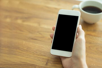 Close up of women's hands holding mobile phone with blank copy space screen for your advertising text message or promotional conten