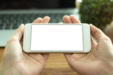 Mockup image of hands cafe making show shopping transfer payment through smartphone app Mobile Payment with NFC technology