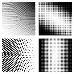 Set of black halftone on different shape. Pop art texture made of spots. Vector round dots gradient.