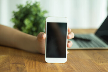 Close up of women's hands holding cell telephone with blank copy space scree for your advertising text message or promotional content