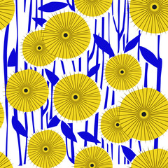 Seamless repeat pattern with flowers and leaves in black and yellow on white background. Hand drawn fabric, gift wrap, wall art design. VECTOR ILLUSTRATION