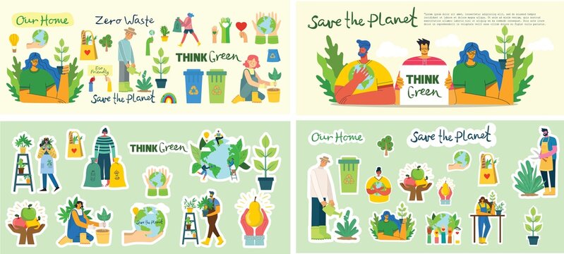 Set Of Eco Save Environment Stickers Pictures. People Taking Care Of Planet Collage.