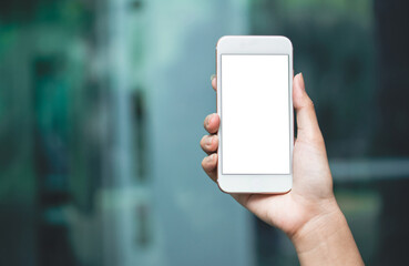 woman hold blank display smartphone read and text messages with blank space screen display .woman office worker- digital and communication concept