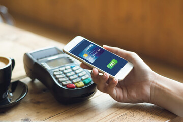 cafe making show shopping transfer payment through smartphone app Mobile Payment with NFC...