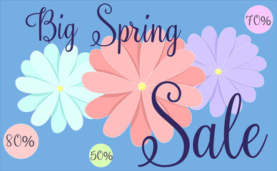 Spring discounts. Spring flowers on a blue background. Discount card. Discounts up to 50, 70, 80 . Vector illustration