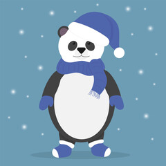 Panda wearing a santa claus hat. Teddy bear in mittens and socks. Blue hat of Santa Claus. Winter vector illustration