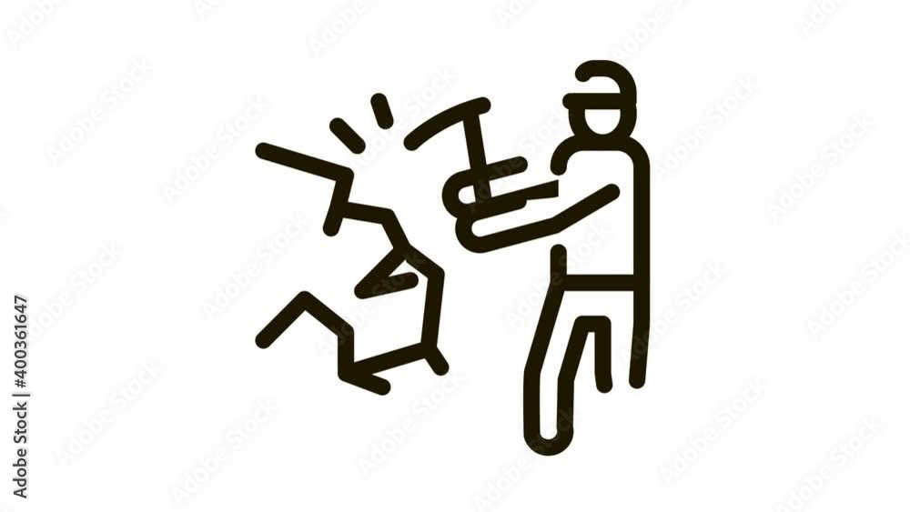 Poster miner with pickaxe icon animation. black miner with pickaxe animated icon on white background