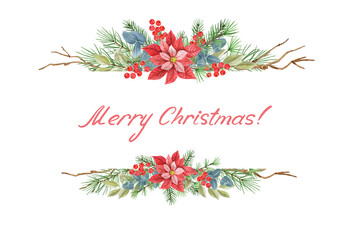 Christmas banner with decorative  ornament with poinsettia, greenery, spruce, pine tree twig and holly berries against background isolated on white. Congratulatory text Merry Christmas.