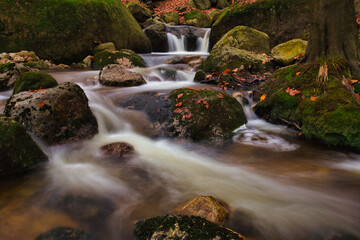 Fototapeta na wymiar Autumn long exposure of creek Black (Big) Stolpich waterfalls in Jizera Mountain. Water falls into a deep forest canyon full of granite stones and rocks covered with green moss. Czech Republic
