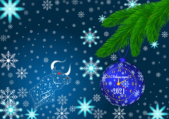 Happy New Year 2021 on the Chinese calendar with a blue Christmas ball. Invitation card for a party with a white bull, a bull. Sign of the lunar horoscope. Vector illustration.