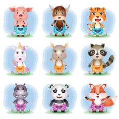 Set of cute animals cartoon, the character of cute pig, yak, tiger, unicorn, rhino, raccoon, hippo, panda and fox