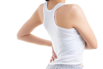Beautiful young woman suffering from backache on white isolated