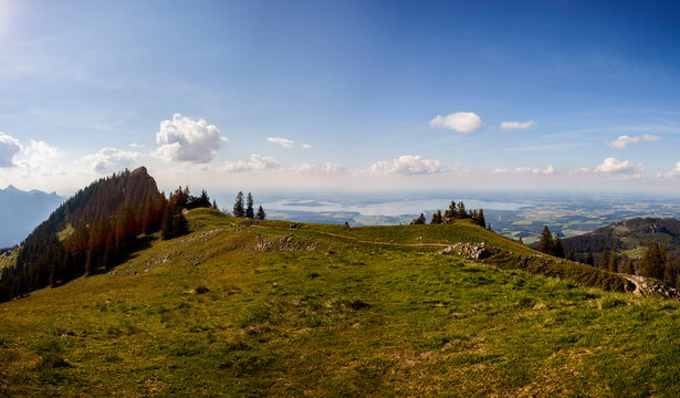 Panorama view from mountain Hochgern with lake Chiemsee in Bavaria, Germany