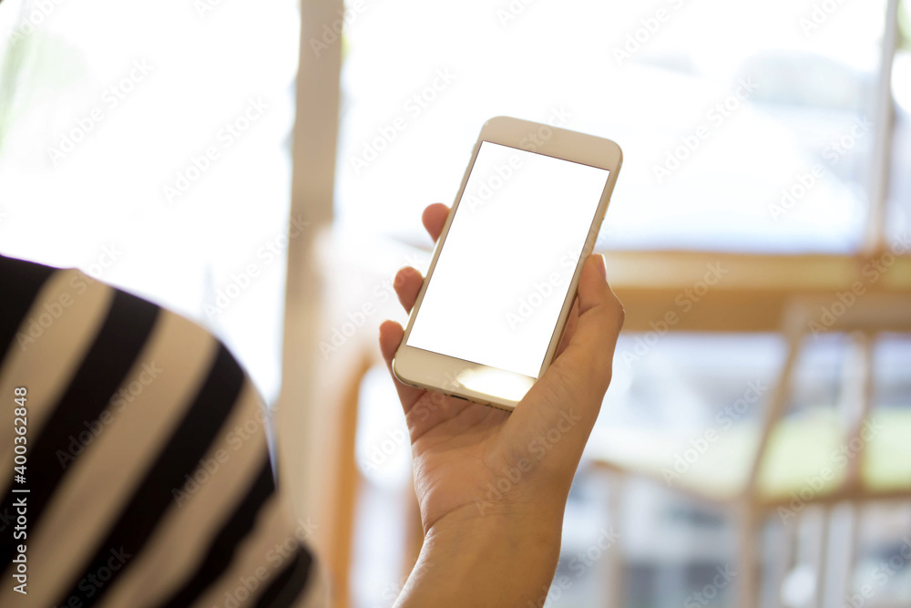 Poster blank display smartphone on shopping store online display text pay and shopping cart on screen