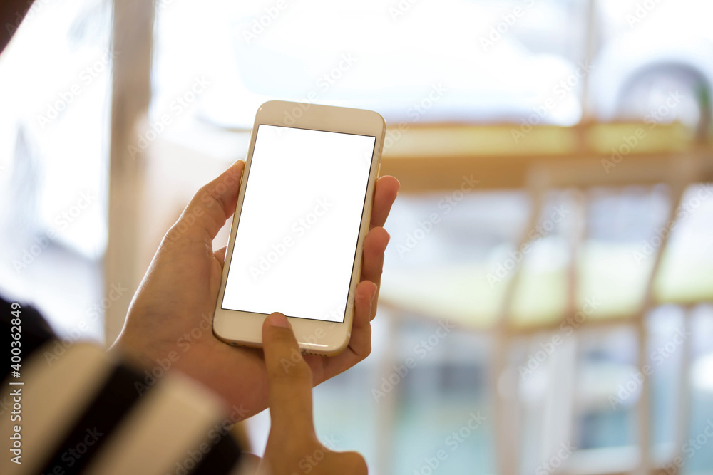 Poster blank display smartphone on shopping store online display text pay and shopping cart on screen
