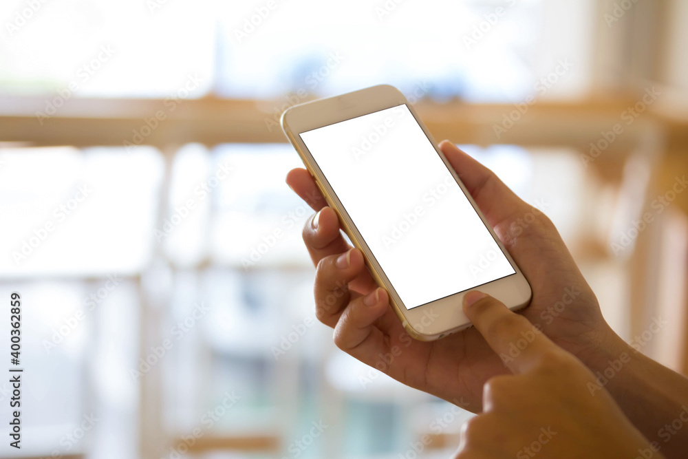 Poster blank display smartphone on shopping store online display text pay and shopping cart on screen