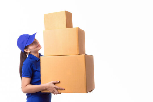 Portrait of Happy  delivery woman  with box Delivery Concept - holding a box package Copy Space.clipping path