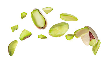 Pistachio crushed on the air  isolated on white background clipping path, full depth of field