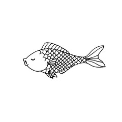 Sleeping fish. Vector hand-drawn doodle illustration. Black and white outline. Coloring.