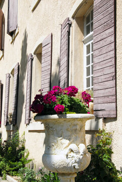 Ville de Carnoux-en-Provence, vasque "Médicis" et géraniums rouges, département des Bouches-du-Rhône, france