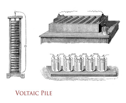 Voltaic pile: the first electrical battery to provide continuous electric current to a circuit, invented by Alessandro Volta, vintage illustration